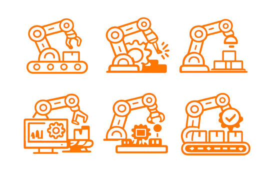 Set of six glowing orange industrial robot icons on a dark, vertically striped background