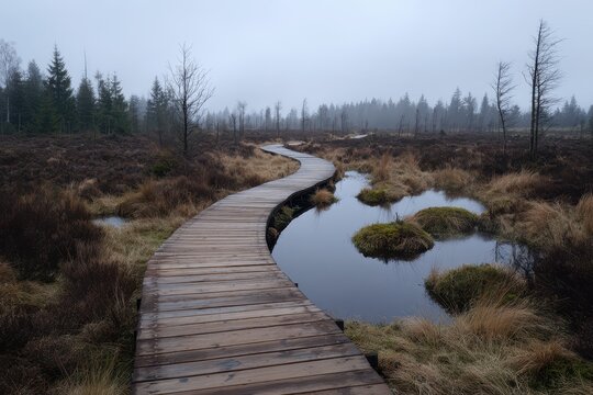 Wooden boardwalk through a black bog moor in the Rh&Atilde;&para;n, with round peat pools and morning mist