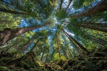 Worm's-eye view of towering trees reaching toward the sky in a calm forest