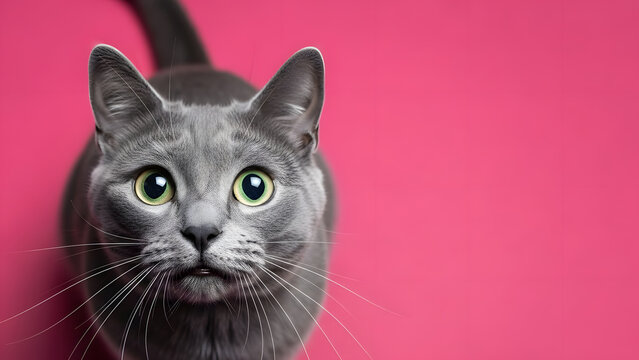 grey cat sitting on the pink background looking at camera