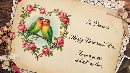 Vintage Valentine's Day Postcard with Lovebirds, Rose Heart, and Lace Trim