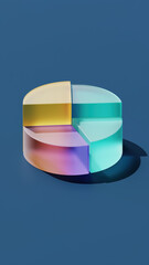 3d pie chart of colored frosted glass showing data analysis and statistics. This modern, abstract business graph represents finance and investment on clean blue background