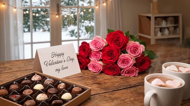 Cozy Winter Valentine's Day Scene with Hot Cocoa, Roses, and Chocolates