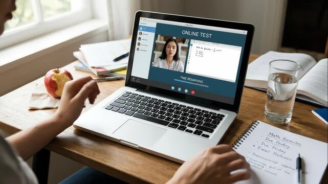 Student taking an online test on a laptop at home. Person typing during a remote class with a teacher on video. E-learning and distance education concept