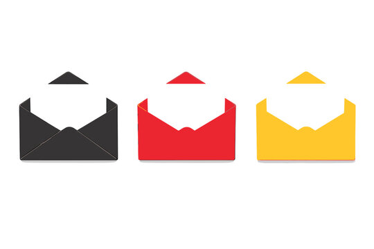 Three open envelopes with blank white paper