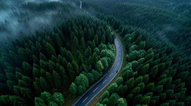 Aerial view of a winding road through a dense forest landscape