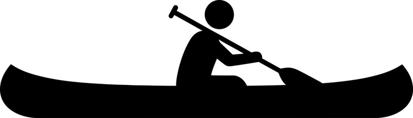 Man in canoe with paddle icon. Outline stick figure design for sport, kayaking, water activity, summer concept. Simple vector symbol
