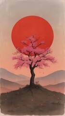 Sakura Tree and the Crimson Sky
A lone cherry blossom tree set against a dramatic crimson moon.
Soft petals and deep contrast create a serene Japanese-inspired composition symbolizing beauty, balances