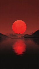 Crimson Moon Over Japan
A calm and minimalist Japanese night landscape featuring a giant crimson red moon rising behind dark mountains.
This artwork blends zen aesthetics with strong contrast, creatin
