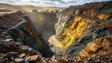 Expansive open-pit mine with heavy machinery extracting minerals under sunlight.