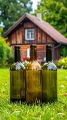 Three wine bottles in a grassy yard, rustic house in the background