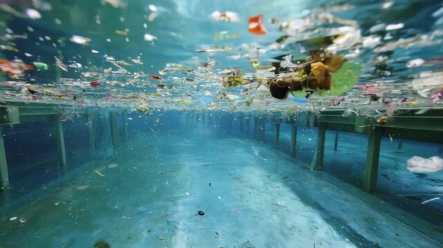 Medium shot of a floatsink tank where mixed plastics separate by density showing lighter plastics floating and heavier ones sinking in clear water.