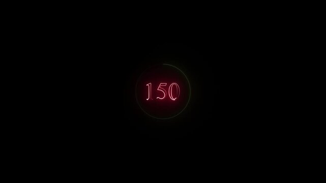 Abstract glowing 150 red neon line typography in circular frame on dark background