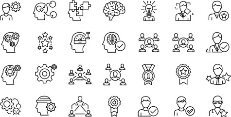 Leadership, skills, mindset, outline, icons, set, creativity, innovation, teamwork, strategy, thinking, management, success, network, achievement, business, symbols, vector, illustration, pack