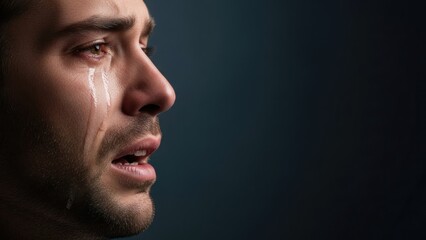 Close-up of a man crying with tears on his face profile