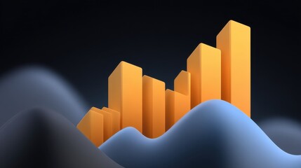 Vibrant 3D Bar Chart Rising Above Soft Waves, Representing Growth, Success, and Data Analysis in a Modern Digital Environment
