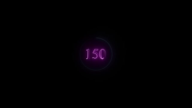 Abstract glowing 150 red neon line typography in circular frame on dark background
