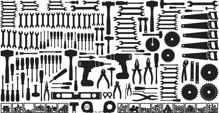 A comprehensive collection of essential tools, neatly arranged, presenting a wide array of instruments for various construction and repair tasks. Each tool, rendered in monochrome.