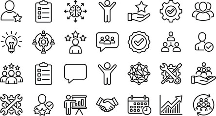 Leadership and Success Line Icons Set for Business Management Human Resources Professional Growth Teamwork Achievement Performance Rating Career Development Project Planning Goal Setting and 