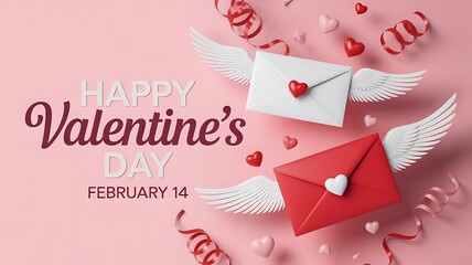Happy valentines day greeting with wings and hearts on pink background