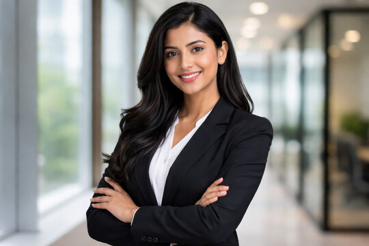 Businesswoman confidence professional portrait | businesswoman confident professional portrait an Indian executive in a black suit smiling with arms crossed in a modern office