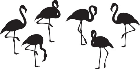 Five black silhouette flamingos standing and bending in various poses on a white background bird