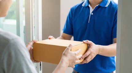 Delivery professional hands over a package to a customer at their doorstep, showcasing efficient home delivery and e-commerce service.