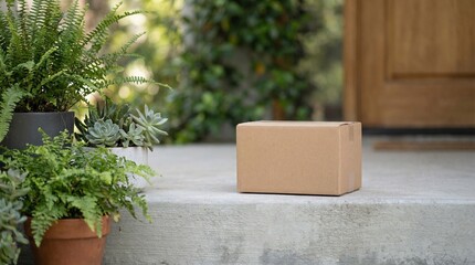 Unattended brown cardboard package delivered to a residential doorstep with potted plants and a wooden door in the background
