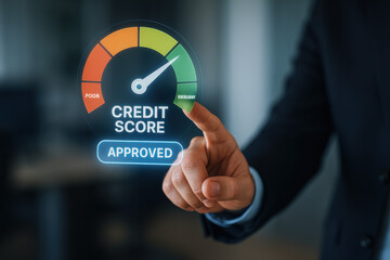 Fototapeta premium Credit score approved hologram business analyst meter showing excellent range with hand gesture conveying relief and financial confidence