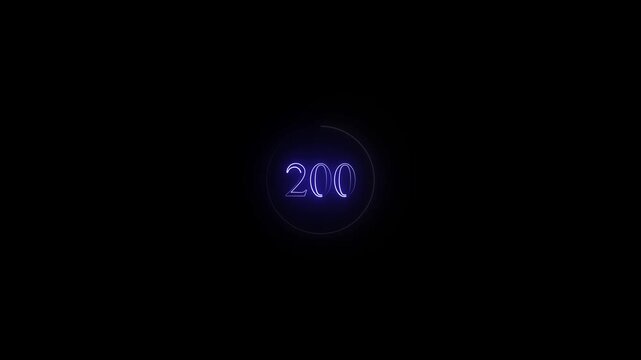 Glowing neon number 200 text animation for futuristic dark background