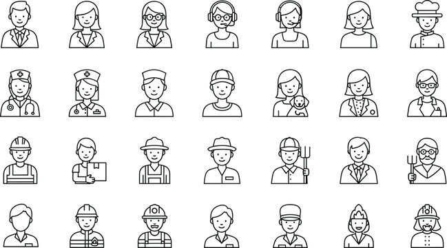 People profession avatar icons set, diverse workers doctors nurses farmers service staff, outline vector illustration for UI UX design projects