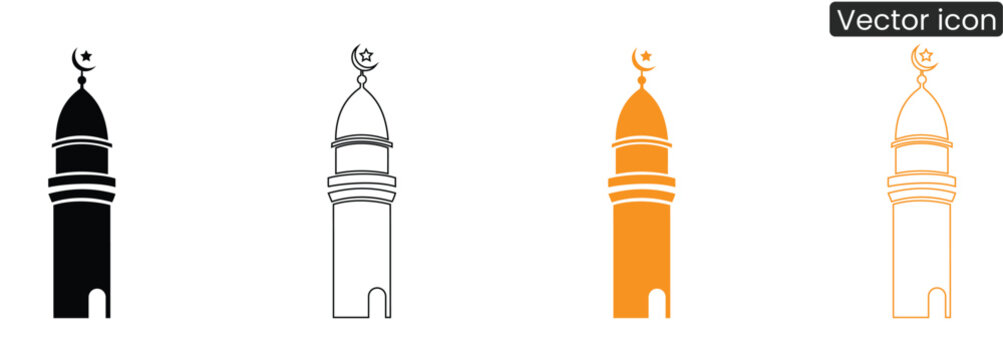 A set of Islamic mosque minaret icons in different colors and line styles, perfect for design and cultural projects