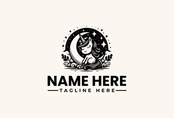 A black and white illustration of a cat sitting on a crescent moon with stars, surrounded by foliage and text space for a logo or icon, against a plain background.