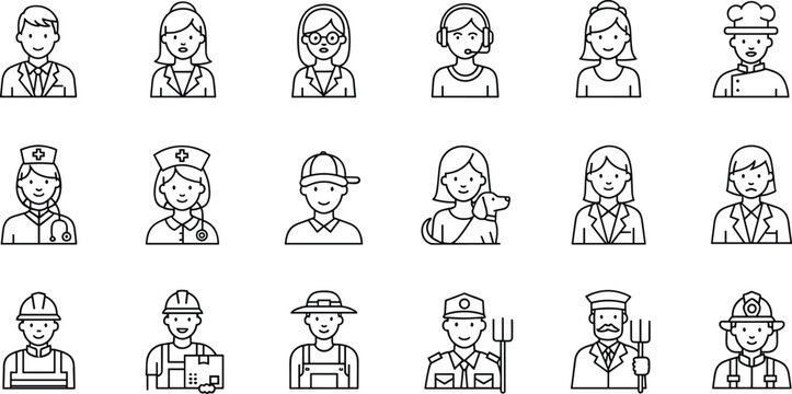 People profession avatars icons set, workers doctors nurses farmers chefs service staff, outline vector illustration for UI UX design