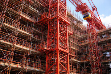 Construction crane scaffold steel red site urban high-rise building framework under assembly dramatic perspective conveying progress and engineering scale