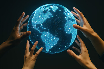 Digital globe hand network connect illuminated blue globe with circuit node pattern hands reaching to collaborate and enable inclusive access and connectivity