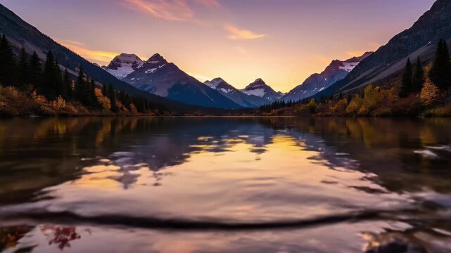 Serene mountain lake reflects a vibrant sunset over a lush forest landscape creating a peaceful and picturesque scene perfect for travel nature and outdoor advertising