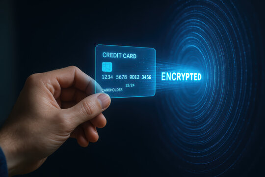 Encryption security credit card payment holographic encrypted A hand holding a holographic credit card near a glowing encrypted data tunnel conveying secure transaction confidence - Powered by Adobe