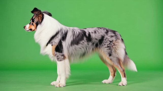 Beautiful blue merle Australian Shepherd dog standing on green background