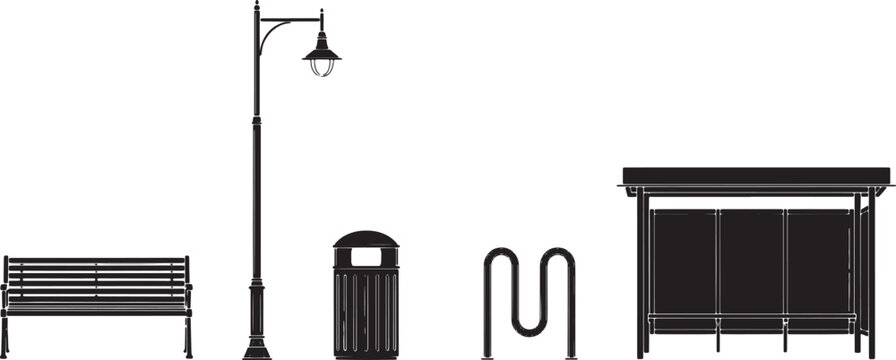 Urban street scene silhouette. This image showcases a collection of urban elements. A park bench, street light, trash receptacle, bicycle rack, and a bus shelter.