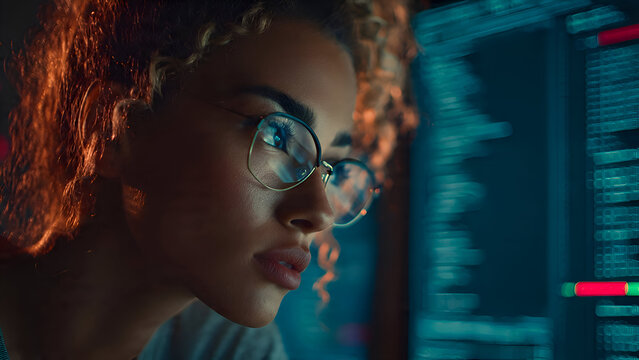 Focused Young Woman with Glasses Analyzing Code on a Computer Screen - Powered by Adobe