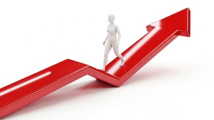 White figure walks up red arrow symbolizing growth and success on white background