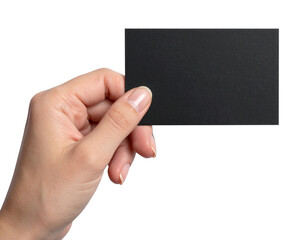 Woman hand holding blank black business card mockup