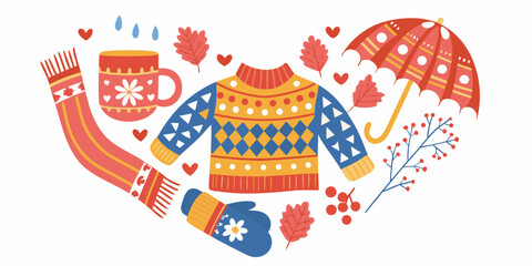 Obraz premium Autumn and winter themed items including umbrella sweater and warm accessories