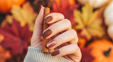 Woman's hand with autumnal nail art holding cinnamon stick