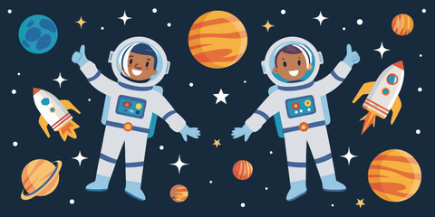 Two astronauts celebrate amongst planets rockets and stars in outer space © Bipul