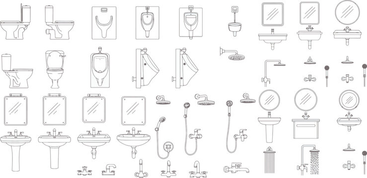A comprehensive array of bathroom fixtures, rendered in elegant line art, presents a versatile set of design elements for architectural and interior design projects.