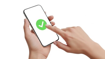 A person's hand touches a smartphone screen displaying a green checkmark for successful confirmation