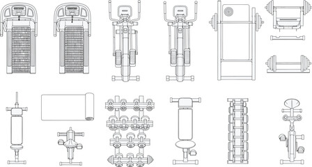 Fototapeta premium Gym equipment layout, illustrating the tools available for exercise and fitness in a fitness environment. Representing a detailed top-down view of the physical equipment.