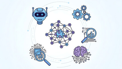 A collection of blue and purple icons representing artificial intelligence concepts on a light blue background with various symbols and graphics